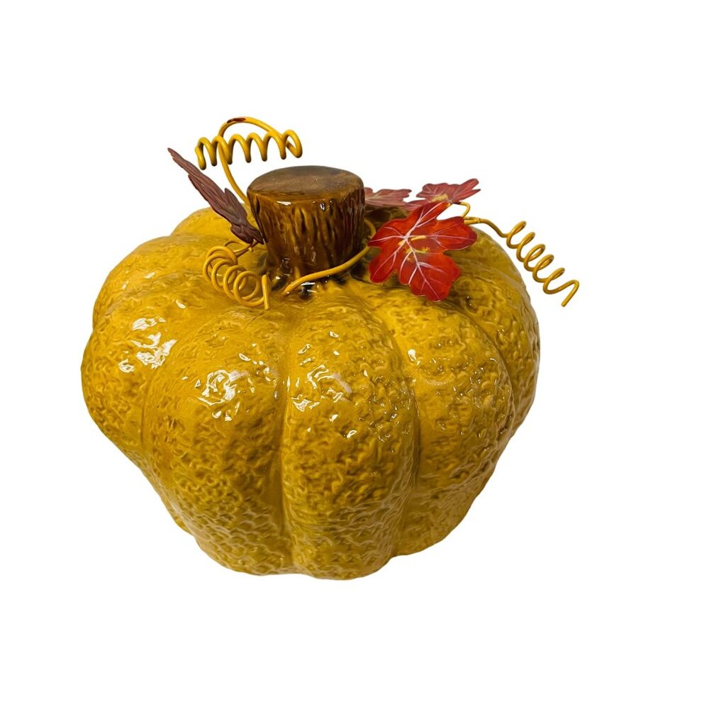 Ceramic Pumpkin Decor Autumn Leaves Curly Vines Harvest‎ Wire Branches 7" x 8"